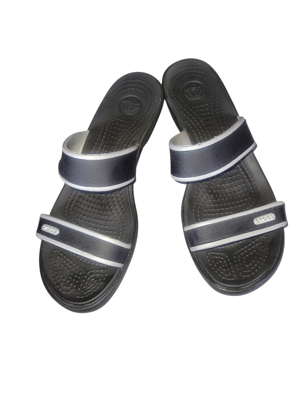 Crocs Madeira Black Slide Sandals with Silver Trim Double Strap Wedge Sz W8